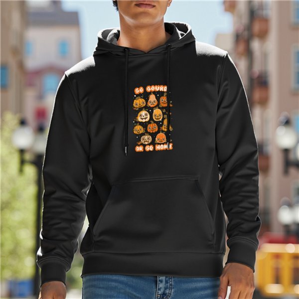 Black Halloween hoodie with 'Go Gourd Or Go Home' pumpkin graphic
