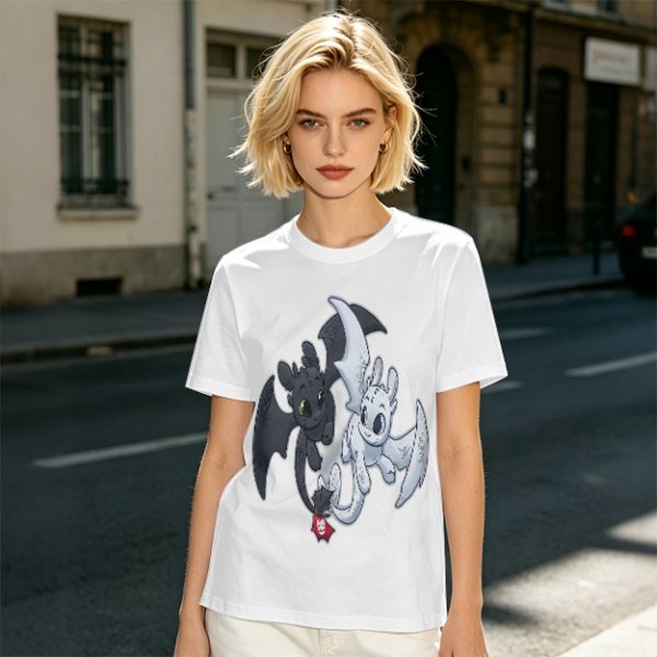 Olive T-Shirt Featuring Toothless and Light Fury Dragons