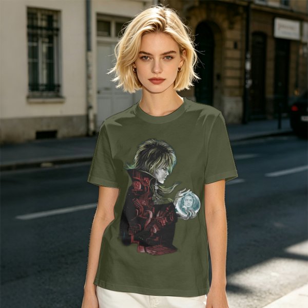 Olive Green T-Shirt With Goblin King Holding Crystal Ball Art