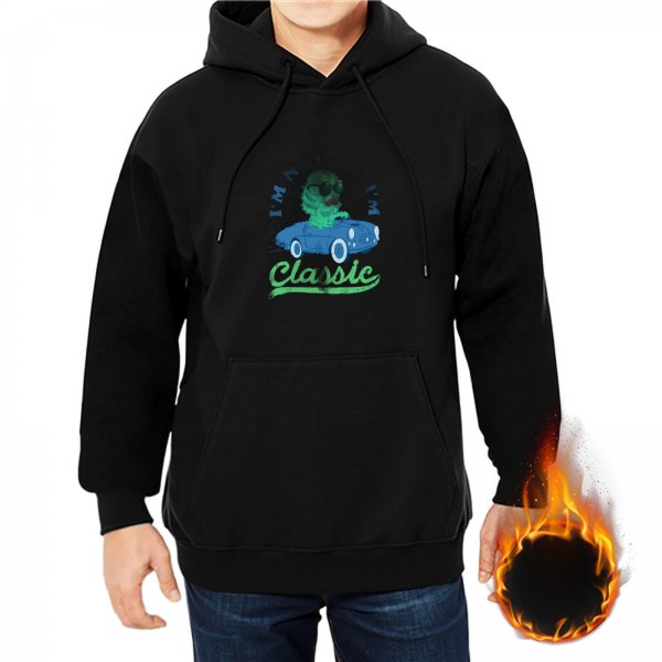 Black hoodie with classic car and cartoon character graphic