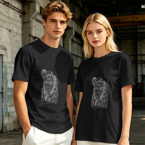Olive T-Shirt With Astronaut Cat And Rainbow Accent Print