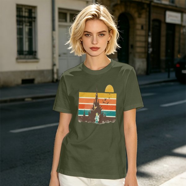Olive T-Shirt With Retro Sunset Fantasy Castle Graphic