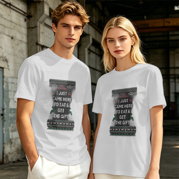 Olive Christmas T-Shirt With 'I Just Came Here To Eat & Get The Gift' Print