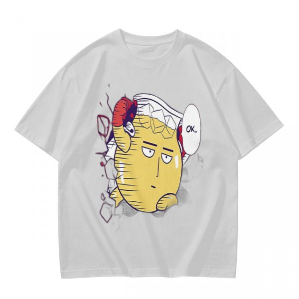 Oversized Olive T-Shirt with Saitama 'OK' Anime Graphic Print