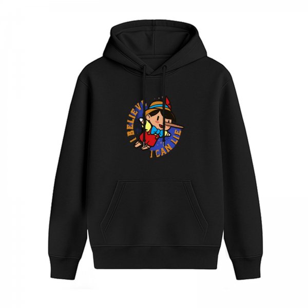 Black hoodie with Pinocchio 'I Believe I Can Lie' graphic print