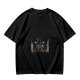 Olive green graphic t-shirt with symmetrical dark and orange artwork