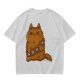 Olive green t-shirt with a grumpy cat in a Chewbacca-style bandolier print