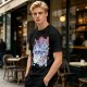 Olive green t-shirt with cat bus and Japanese traditional art print