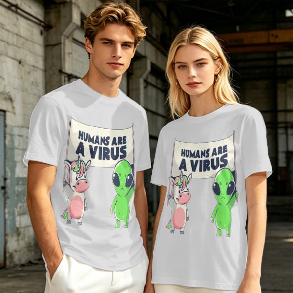Olive T-shirt with Unicorn and Alien Holding 'Humans Are A Virus' Sign