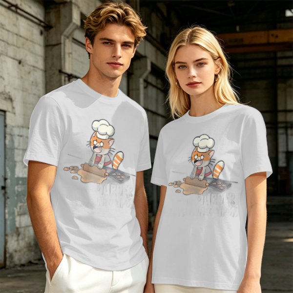 Olive T-shirt with a stressed cartoon cat baking cookies