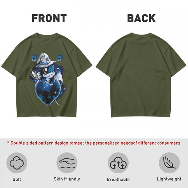 Olive T-Shirt With Cute Wizard Dragon On Starry Heart Print