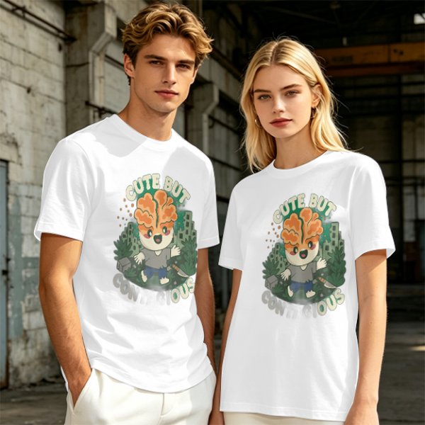 Olive t-shirt with cute brain character and 'Cute But Ous' print
