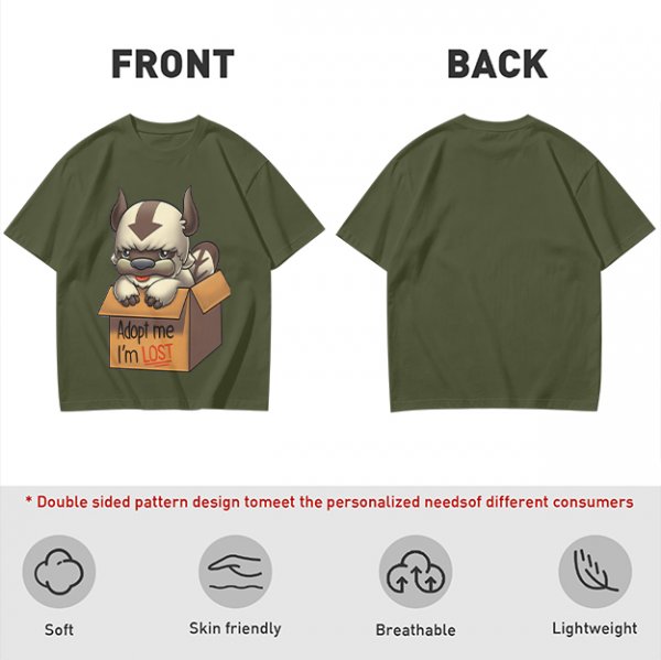 Olive t-shirt with Appa in a box that says Adopt me I'm Lost
