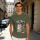 Olive T-Shirt with Punk Rock Cat Singing Microphone Graphic