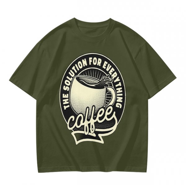 Olive t-shirt with coffee themed 'the solution for everything' print