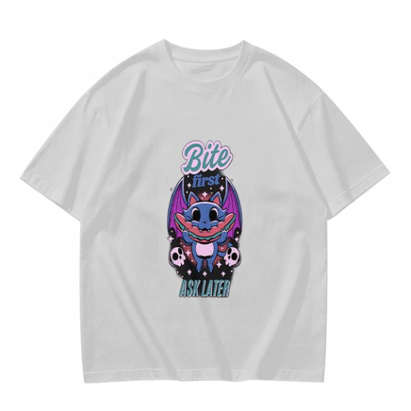 Olive graphic t-shirt with bat cat holding watermelon and 'Bite First Ask Later' text