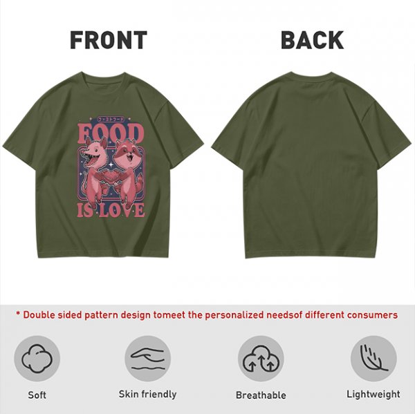 Olive graphic t-shirt with food is love and cartoon animal design