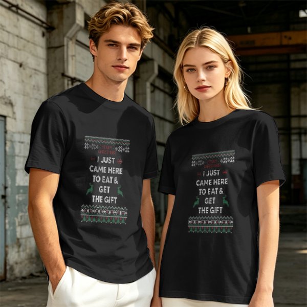 Olive Christmas T-Shirt With 'I Just Came Here To Eat & Get The Gift' Print