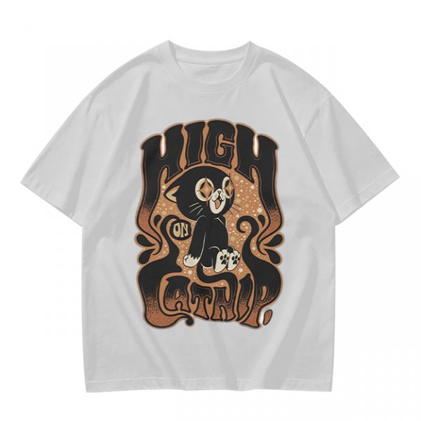 Olive green graphic t-shirt with a high on catip black cat print