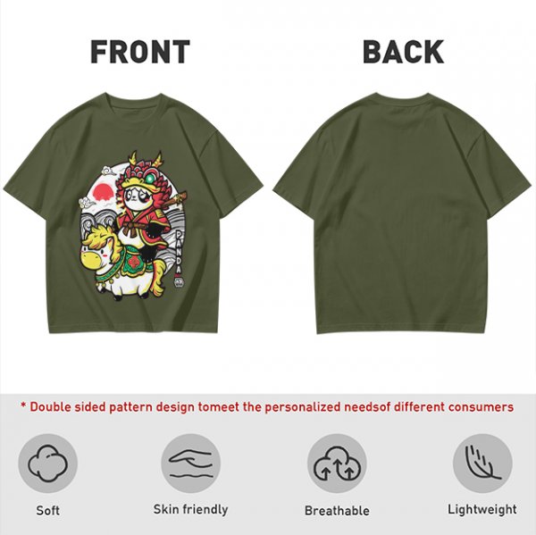 Olive T-shirt with Panda Warrior Riding Mythical Horse Graphic