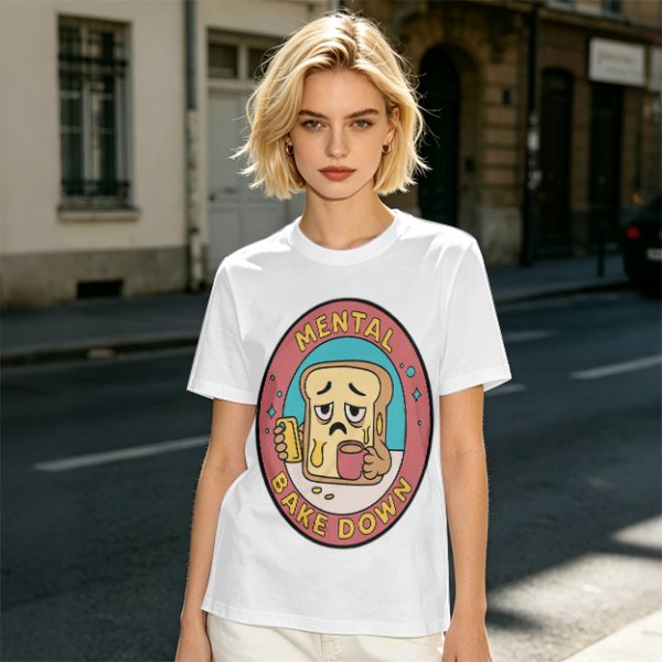 Olive T-Shirt with Sad Toast Holding Coffee and Phone Mental Bake Down Print