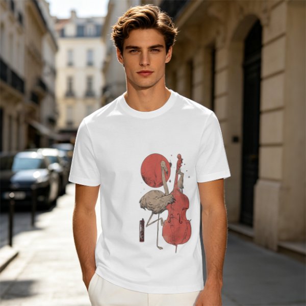 Olive T-Shirt With Crane Playing Cello Red Moon Art Print