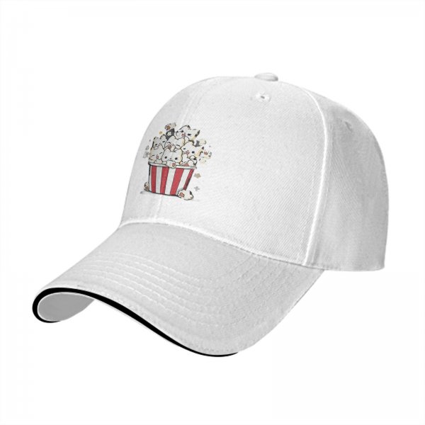 Black baseball cap with cute cat popcorn bucket graphic