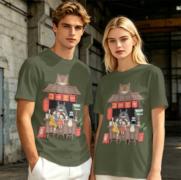 Studio Ghibli inspired coffee stand t-shirt with Totoro and friends
