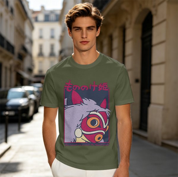 Olive T-shirt with Princess Mononoke Mask Graphic Print