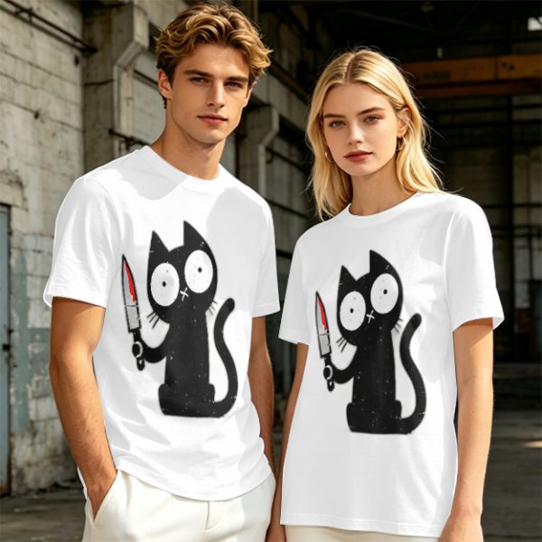 Olive T-shirt with a black cartoon cat holding a bloodied knife