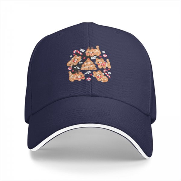 Black Baseball Cap With Christmas Gingerbread Cat Print