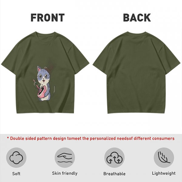 Olive Green T-Shirt With Cute Chef Cat Mixing Batter Print