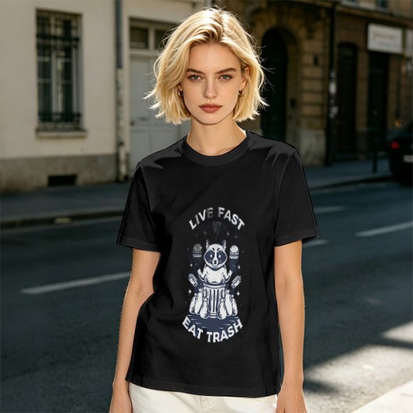 Olive graphic t-shirt with raccoon 'Live Fast Eat Trash' print