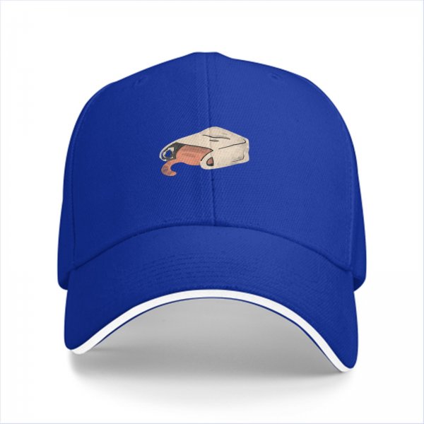 Black baseball cap with a cat peeking out of a blanket graphic