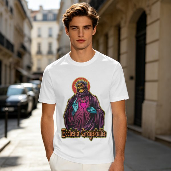 Olive t-shirt with skeleton religious graphic and Ecclesia Grayskullis text