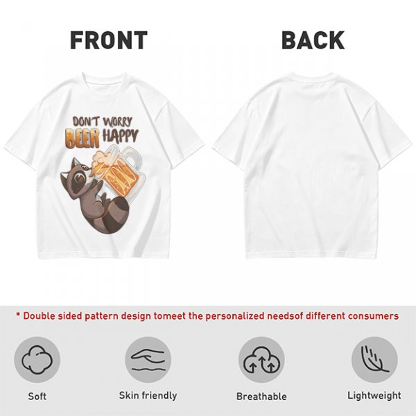 Oversized olive t-shirt with raccoon drinking beer graphic