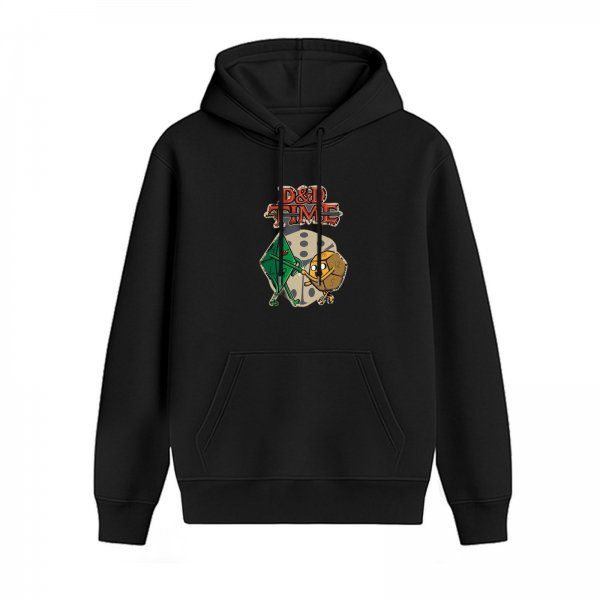 D&D Time Adventure Themed Black Hoodie With Dice Characters