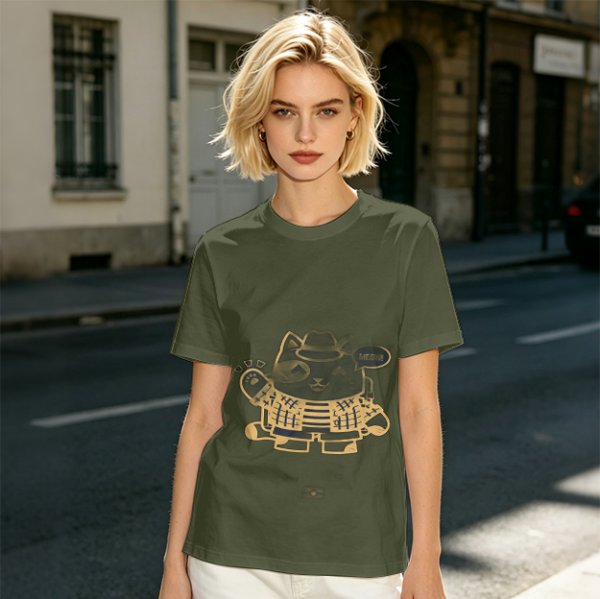 Olive Green T-Shirt With Stylish Cat Graphic Print