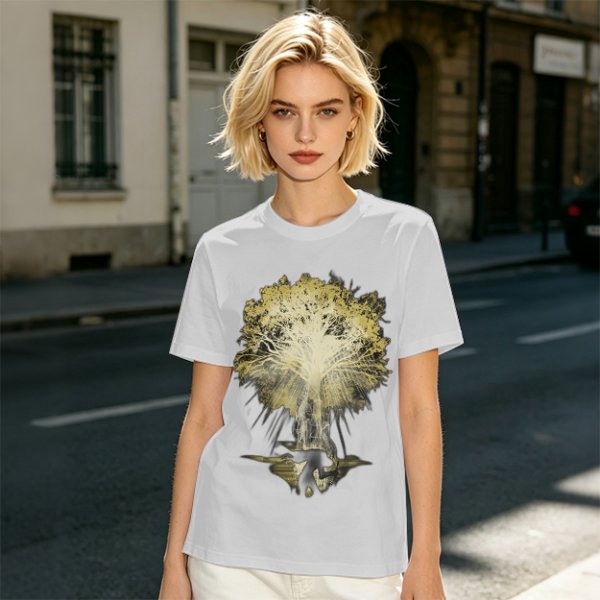 Olive Green T-Shirt With Glowing Tree Reflection Art