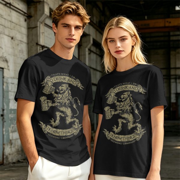 Olive T-shirt with 'I Drink And I Know Things' Lion Beer Graphic