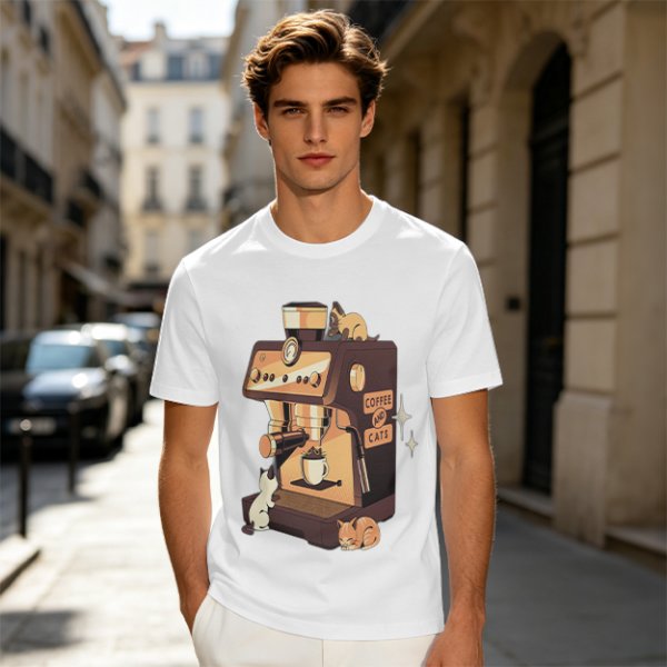 Olive t-shirt with espresso machine and cats graphic