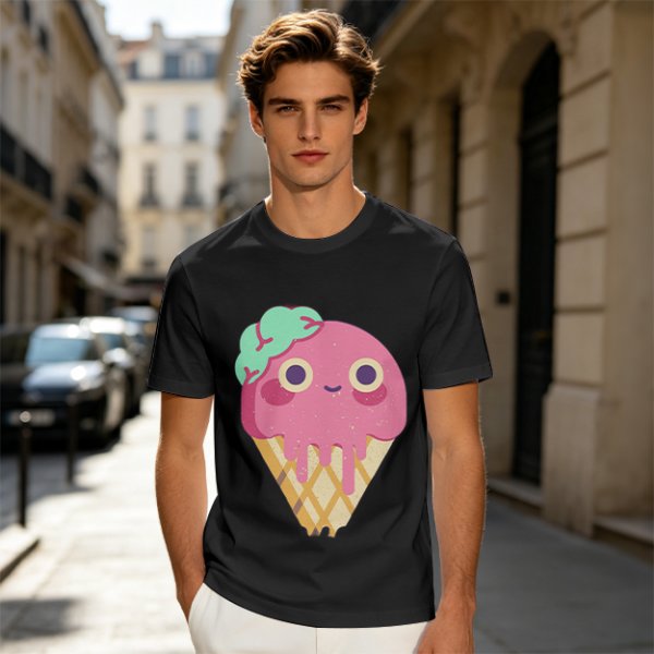 Olive T-Shirt With Cute Melting Pink Ice Cream Cone Graphic