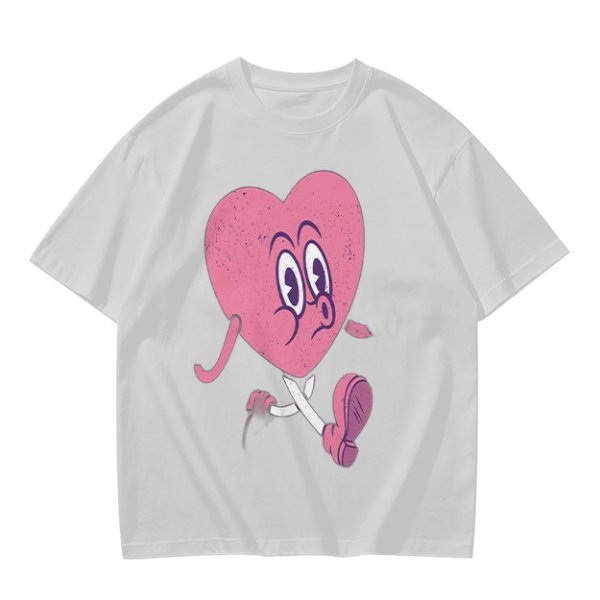 Oversized Olive T-Shirt with Retro Walking Pink Heart Cartoon Graphic