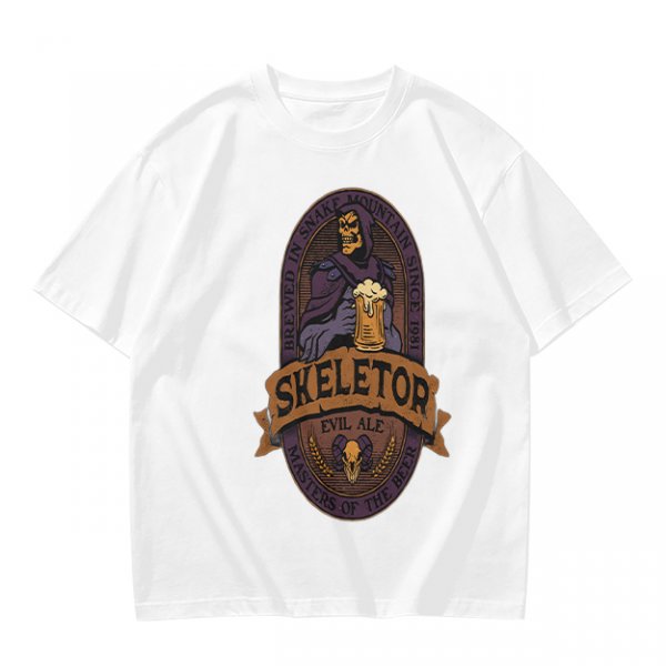 Olive green t-shirt with Skeletor Evil Ale beer graphic