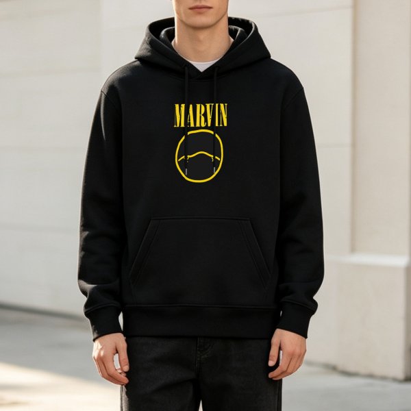 Black hoodie with Marvin text and sad face graphic