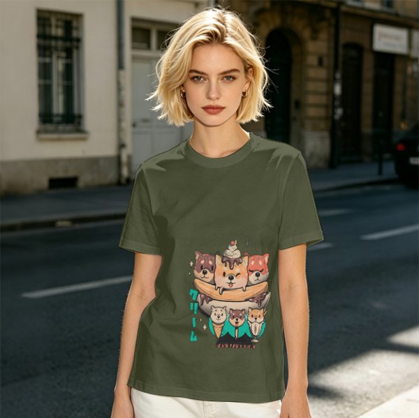 Olive green t-shirt with cute shiba inu ice cream graphic