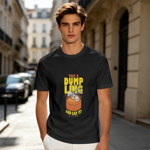 Olive green graphic t-shirt with dumpling pun and steamer illustration