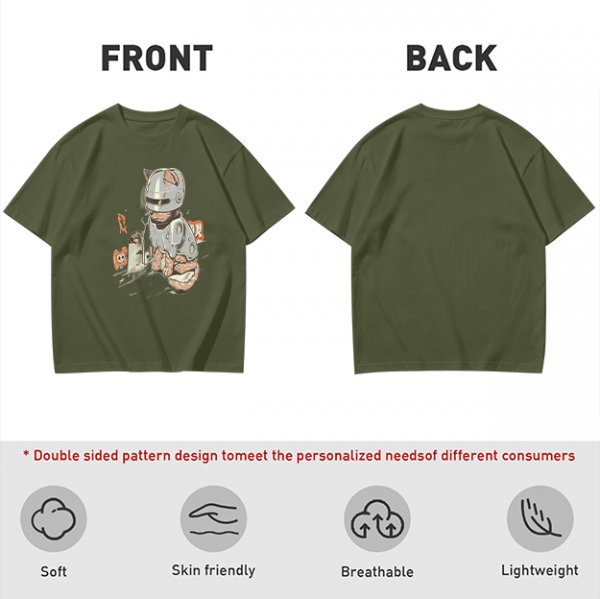 Olive Green T-Shirt With Cat In Robot Helmet Graphic Print