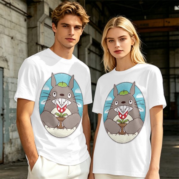 Olive Green T-Shirt with Totoro Holding Piranha Plant Print