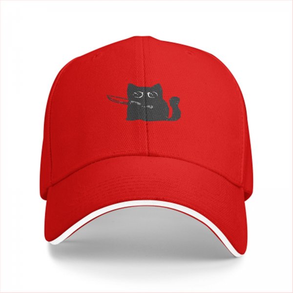 Black baseball cap with a cartoon cat holding a knife graphic